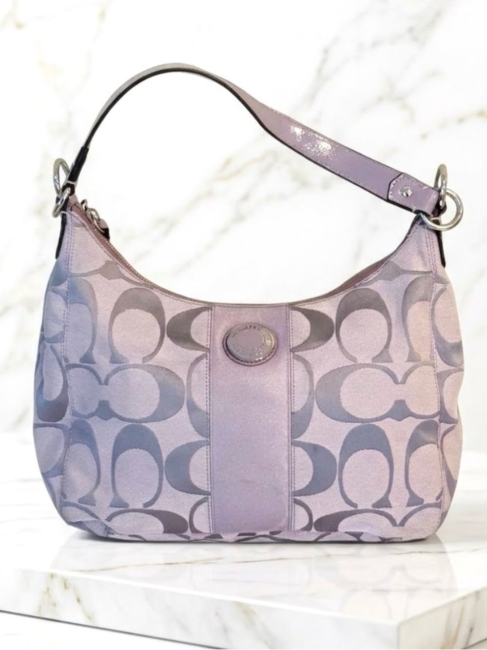 Coach #F19281 Lavender Signature Shoulder Bag Canvas Patent Leather Purple Lilac